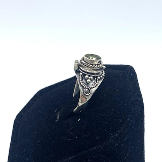 Vintage Aer Deco Style Peridot Poison Pill Box Hinged Sterling Silver Ring 6.75