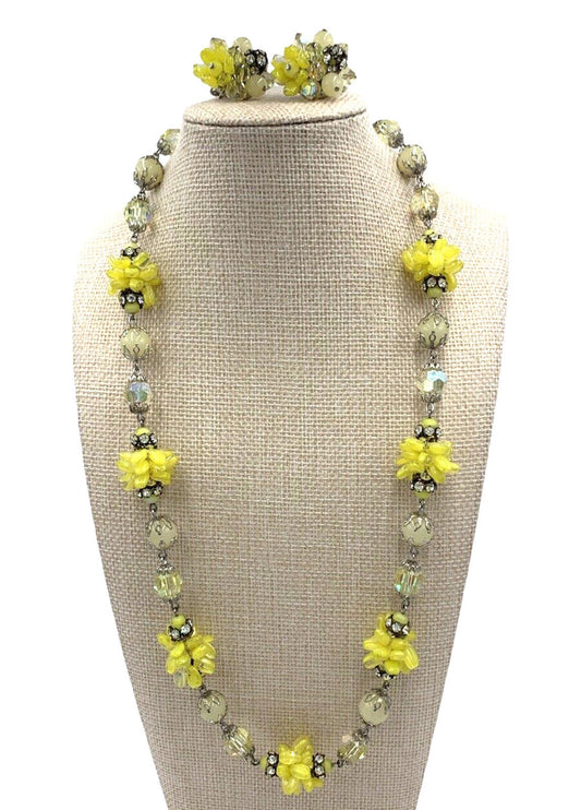 Vintage Vendome Set Yellow Glass Bead Cluster AB Necklace & Earrings Rare OOAK