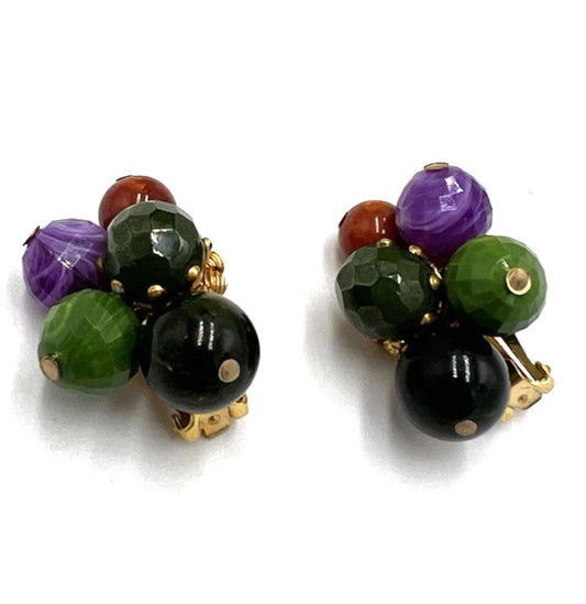 Set Hattie Carnegie Necklace Earrings Vintage Two Strand Faux Malachite Amethyst