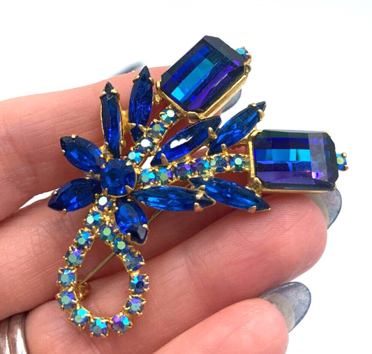 Verified Juliana Book Piece Faceted Blue Rhinestone Gold Tone Brooch Rare