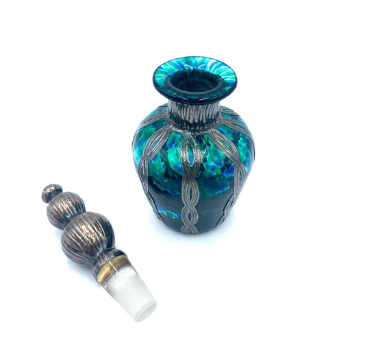 Sileda Wales Silver Overlaid Decorative Art Glass Emerald Green Perfume Bottle