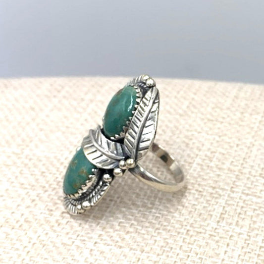 New Old Stock Vintage Sterling Silver Navajo Two Green Turquoise Stone Ring 10