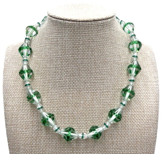 Vintage Necklace Czech Green Clear Glass/Crystal Bicone Bead 10kt Gold Clasp