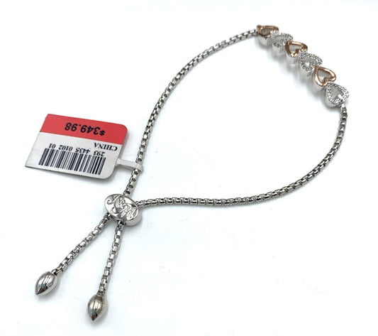 R&M STERLING SIL 14kt Rose Accent Gold Diamond Open Heart Adjustable Bracelet