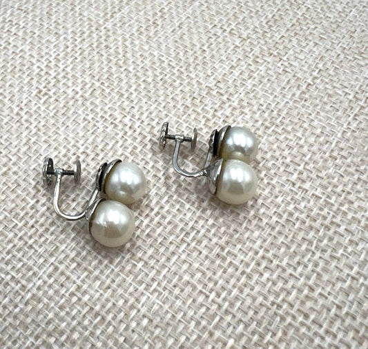 14K White GOLD Genuine Double PEARL Screw Back Drop EARRINGS Non-Pierced