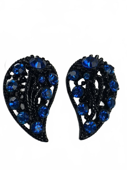 Unsigned Japanned Blue Rhinestone Abstract Leaf Clip-On Brooch