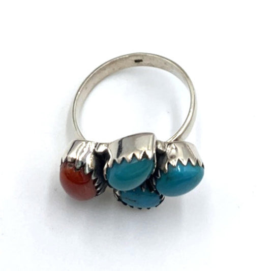 New Old Stock Vintage Native American Sterling Silver Coral Turquoise Ring 9.25