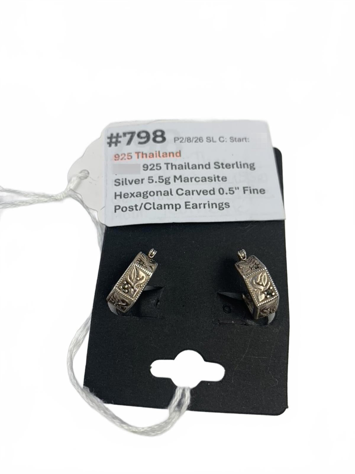 925 Thailand Sterling Silver Marcasite Hexagonal Carved Post/Clamp Earrings