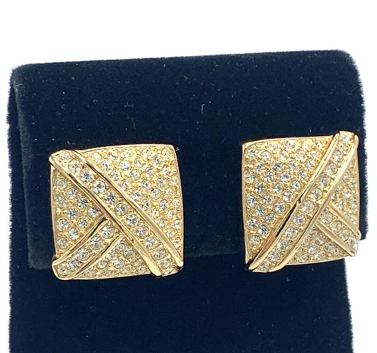 Vintage Christian Dior Rhinestone Gold Tone Clip On Art Deco Style Earrings