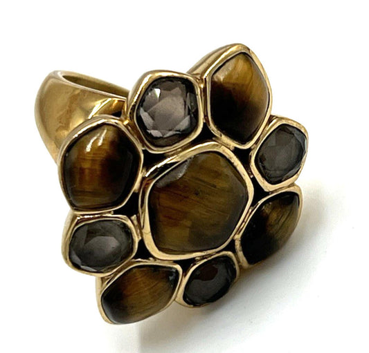 Barse Tiger's Eye Moonstone Bezel Set Ring Chunky Yellow Gold Plated Size 6.75