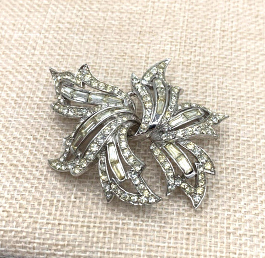 Marcel Boucher Vintage Rhodium Plated Clear Rhinestone Leaf Brooch/Pin # 5837