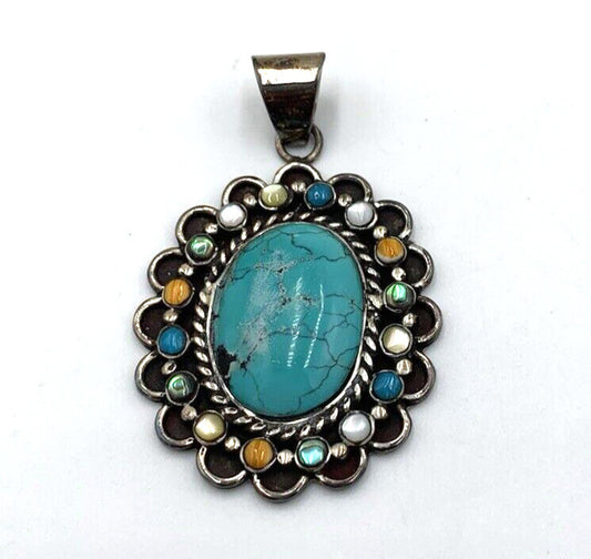 Vintage David R Freeland DRF Large Turquoise Pendant Multi stone Signed Rare