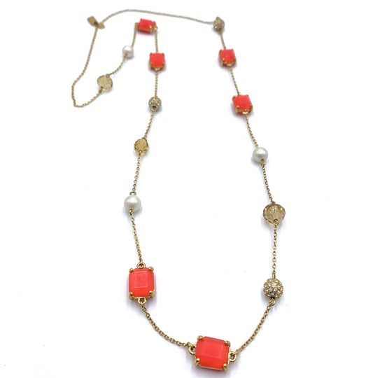 Kate Spade Bijoux Scatter Necklace Gold Tone Faceted Pink Rhinestone Faux Pearl