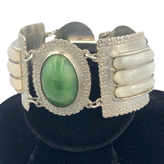 Vintage Sterling Silver Quartz Nephrite Wide Bracelet Mexico