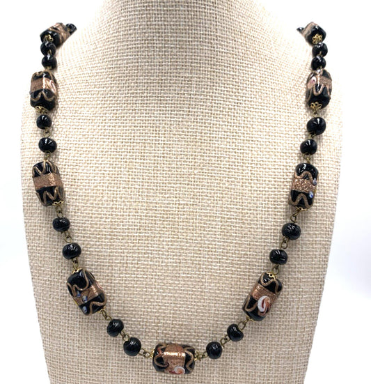 Vintage Venetian Murano Black Gold Foil Oblong Glass Beads Necklace Wedding Cake