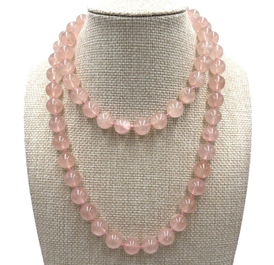 Vintage Chinese Export Rose Quartz Hand Knotted 10mm Beaded 30” Necklace