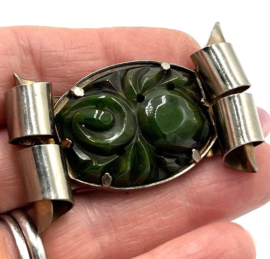 Vintage Deeply Carved Spinach Green Bakelite Brooch/Pin Silver Tone Art Deco