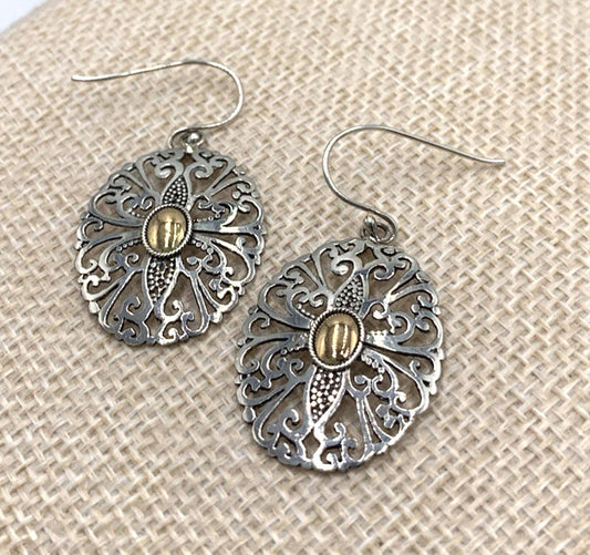 Sterling Silver 18k Accent Filigree Oval Dangle Earrings