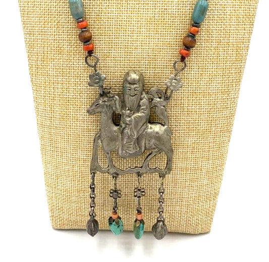 Antique Chinese Sterling Silver Qing Dynasty Pendant Old Man Riding Necklace