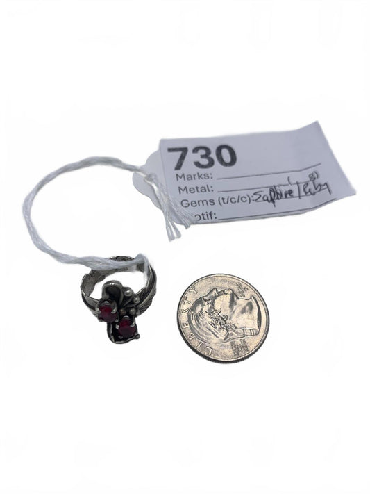 Twin Rubies Set in Sterling Silver Native Floral & Feather Motif Ring (Size 7)