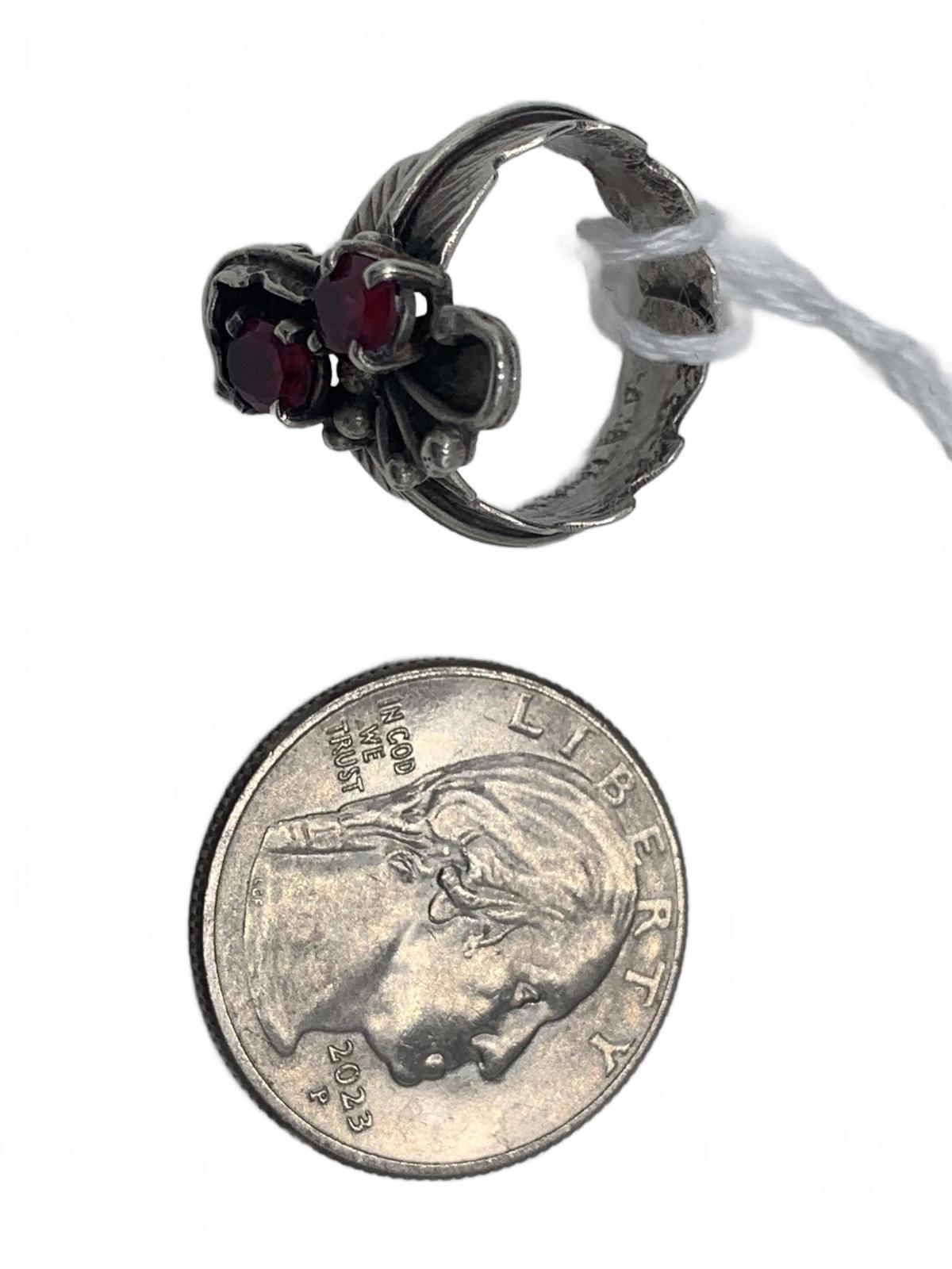 Twin Rubies Set in Sterling Silver Native Floral & Feather Motif Ring (Size 7)