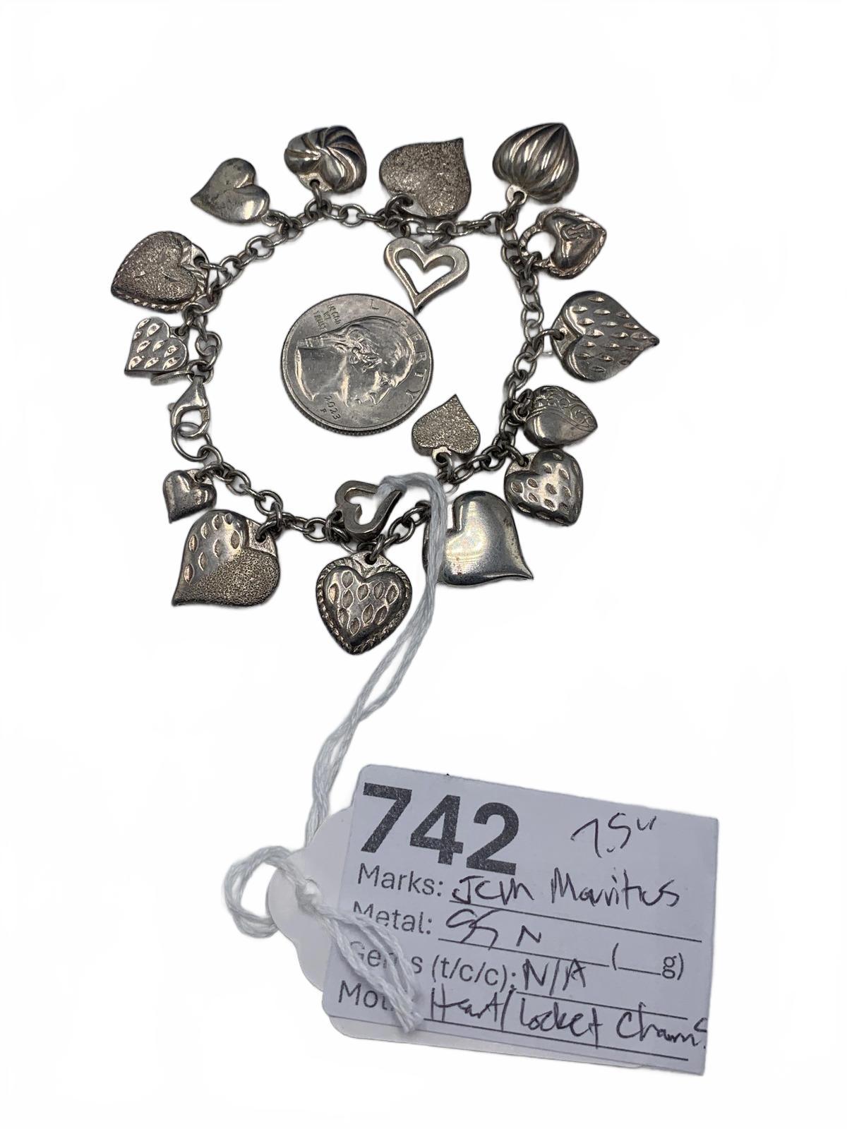 Jacmel Mauritius Puff Hearts and Locks-motif Sterling Silver Charm Bracelet