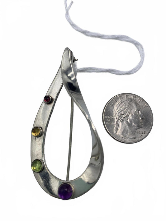 Sterling Silver 16g Amethyst, Peridot, Citrine & Garnet Teardrop Twist 3" Brooch