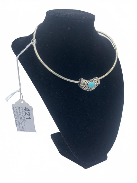 Sterling Silver Filigree & Turquoise Bezel-Set Cabuchon Necklace Enhancer