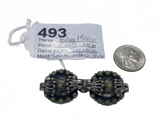 Native Mexico Sterling Silver & Turquoise Cabuchon Ornate Brooch