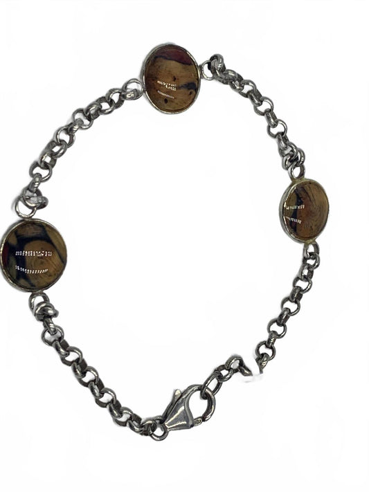 925 Sterling Silver 7g Woodgrain Resin Station Set Chain 7.75" Fine Bracelet