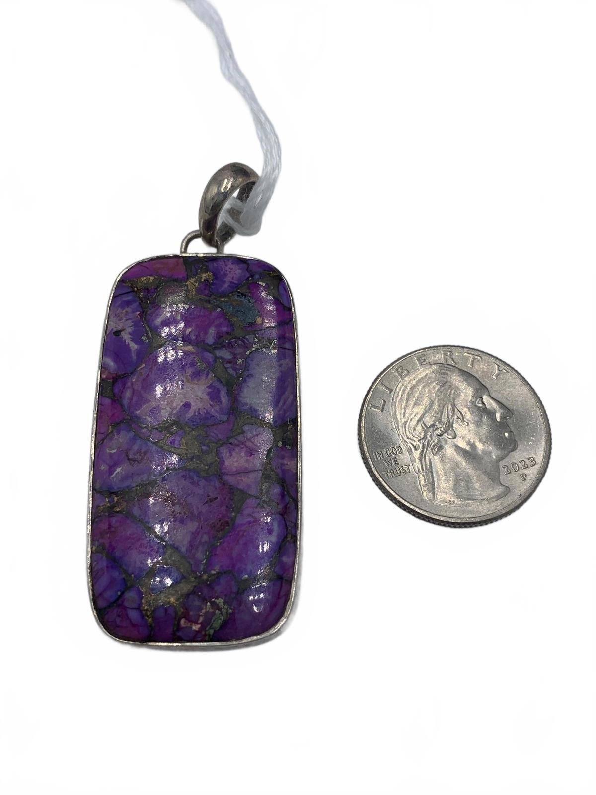925 IN Sterling Silver 12.6g Purple Mojave Turquoise Panel 3" Fine Pendant