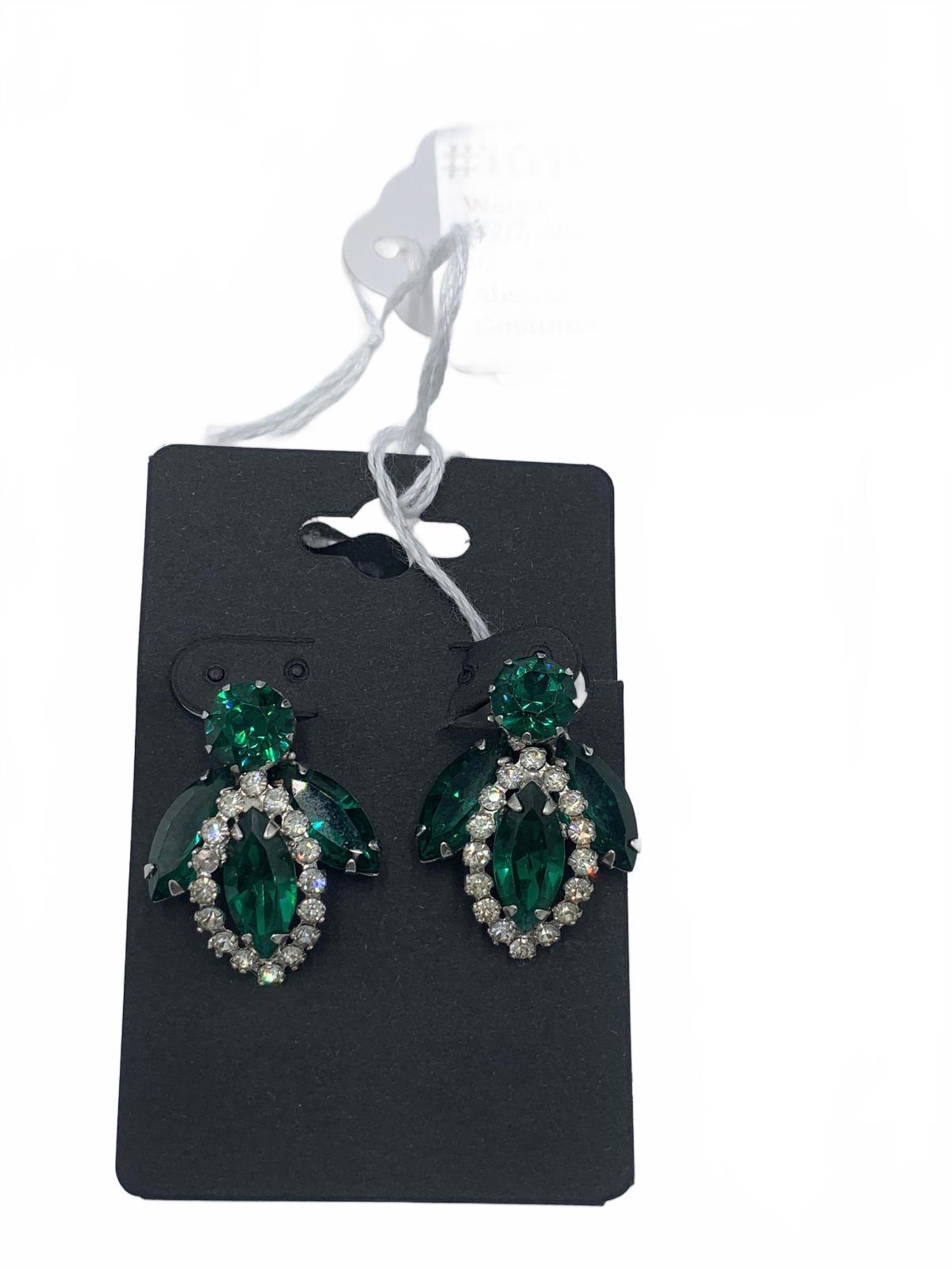 Weiss Silvertone White & Green Rhinestone Abstract 1.25" Clip-On Earrings