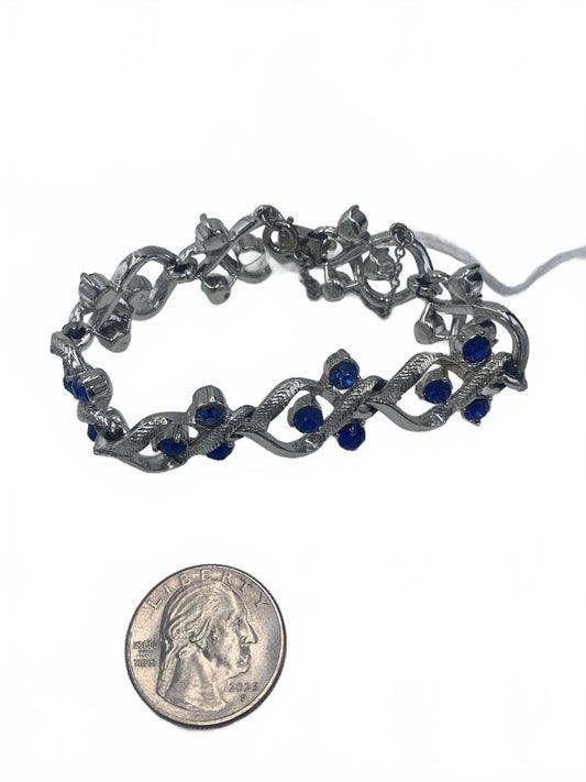 Vintage Coro Silvertone Floral-motif Bracelet set with Blue Rhinestones
