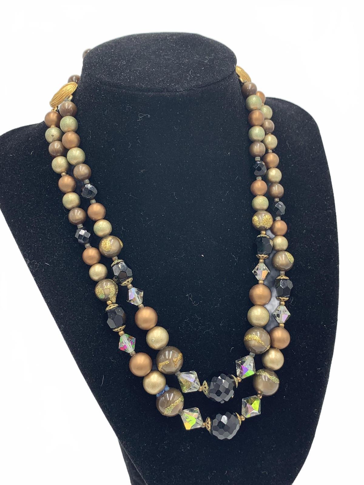 Unsigned Goldtone 40g Colored Glass & Faux Pearl Beaded 16" Two-Strand Necklace