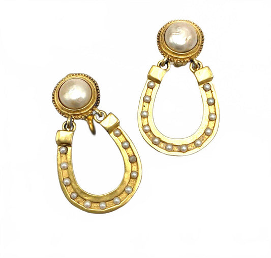 Vintage Karl Lagerfeld Gold Tone Faux Pearl Horseshoe Door Knockers Earrings