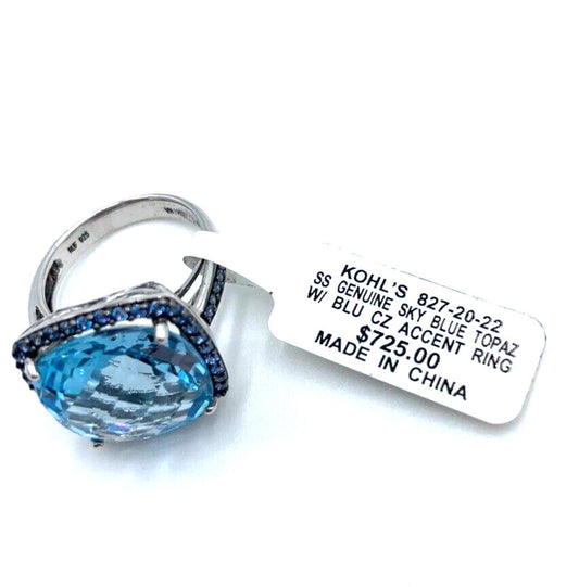 $725 NWT Sterling Silver Over 12 carats Genuine Sky Blue Topaz Ring Size 6.75