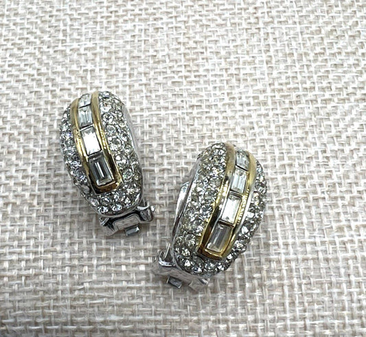 Christian Dior Baguette & Pave Rhinestone Half Hoop Gold Tone Clip On Earrings