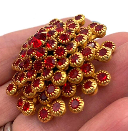 Vintage Judy Lee Clustered Dome Ruby Red Rhinestone Gold Tone Demi Parure Signed