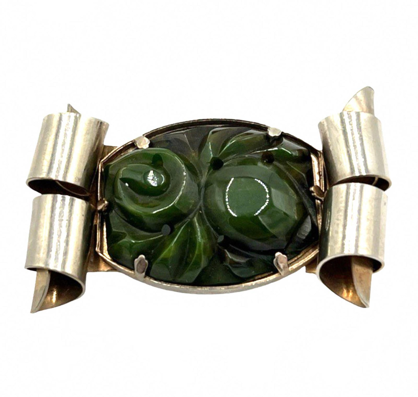 Deeply Carved Spinach Green Bakelite Art Deco Brooch