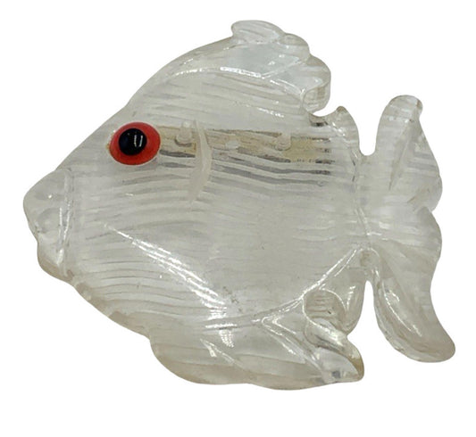 NOS Clear Reversed Hand Carved Lucite Fish Brooch Red Eye