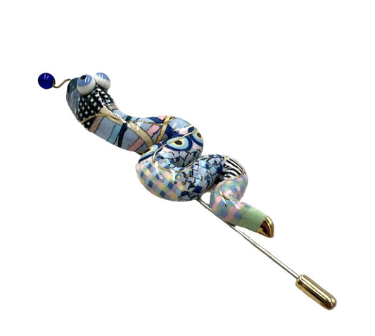 Cynthia Chuang Unsigned Porcelain Checkered Whimsical Snake Large Stick Pin