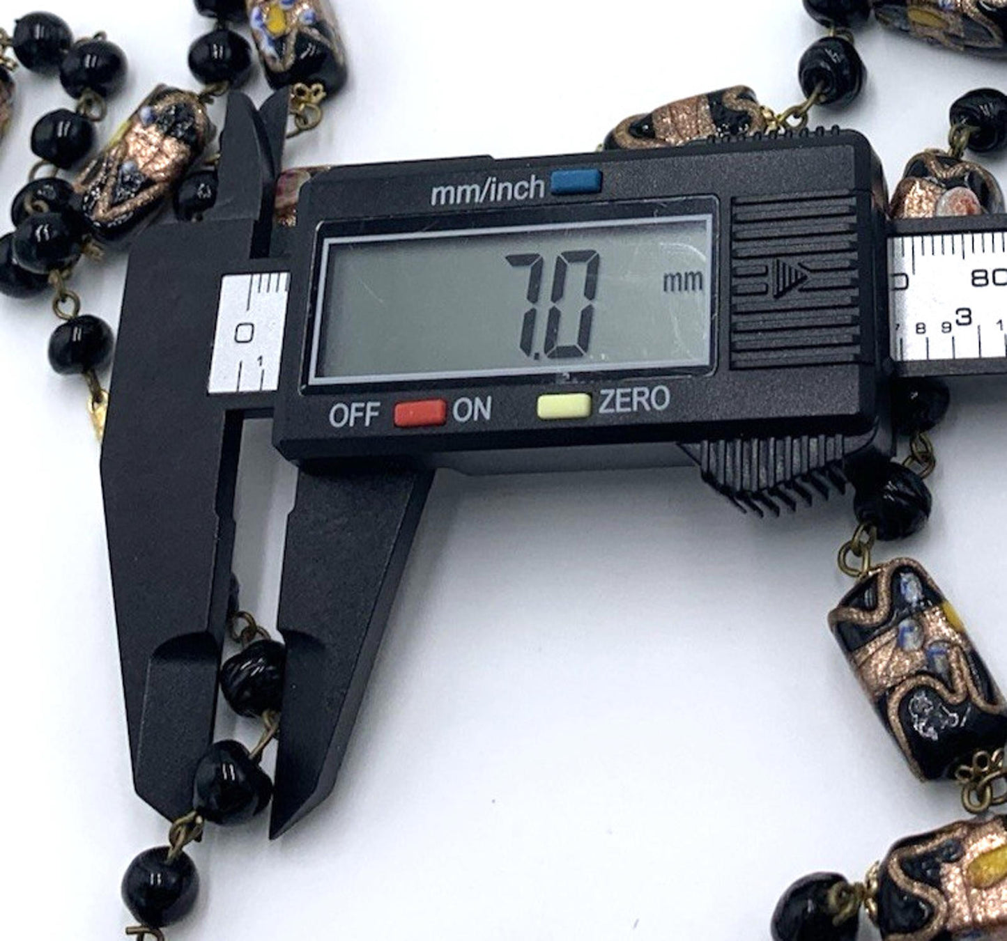 Vintage Venetian Murano Black Gold Foil Oblong Glass Beads Necklace Wedding Cake