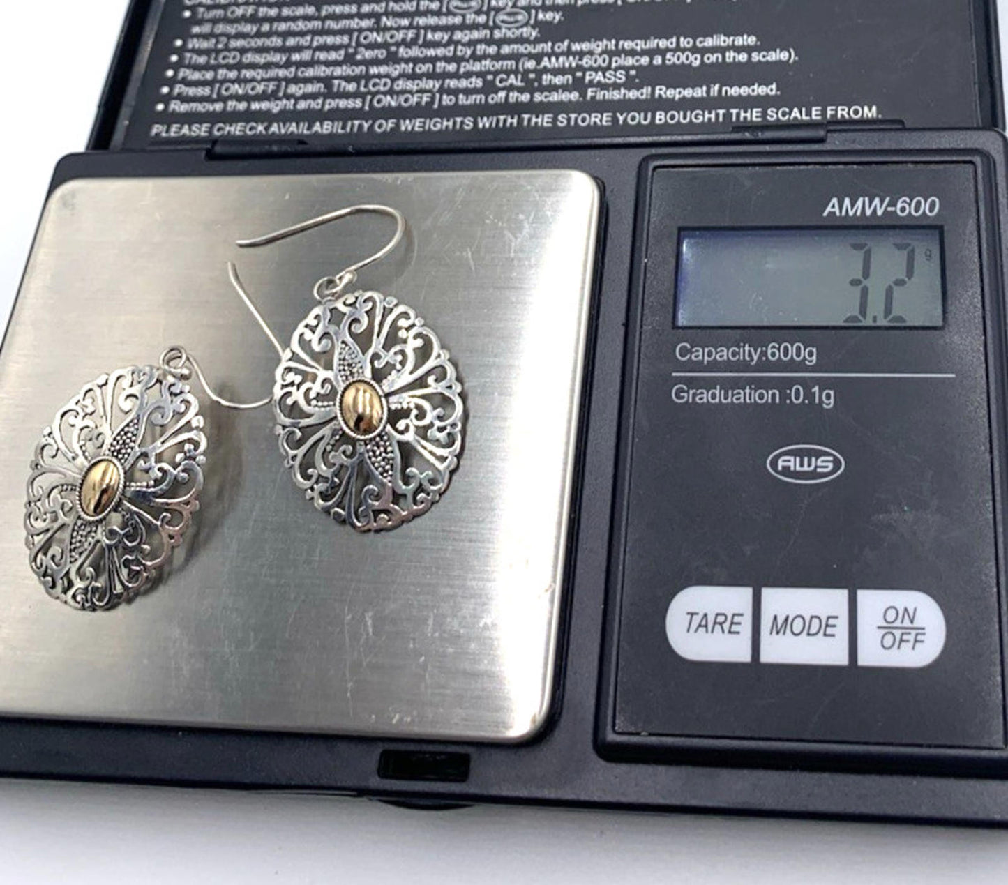 Designer Sterling Silver 18k Accent Filigree Oval Dangle Large Earrings