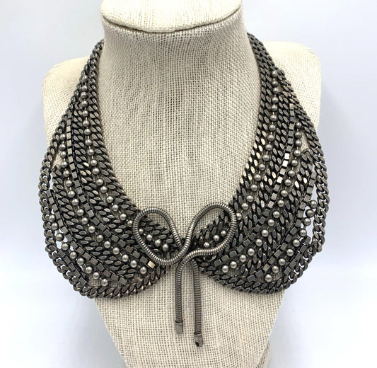 Dannijo Stella Designer Runway Silver Tone Metal Bib Necklace Chain Collar Bead