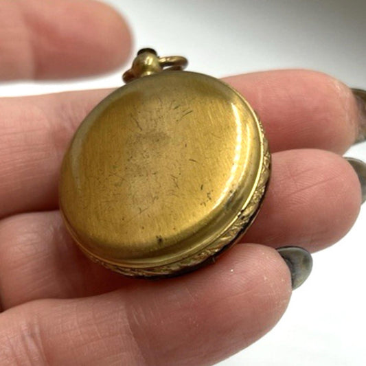 Antique Locket Pendant 2 Picture Gold tone ROUND Enamel Flowers Mourners Hair