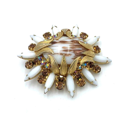 Juliana Brooch "Copper Fluss" Venus Flame Milk Glass