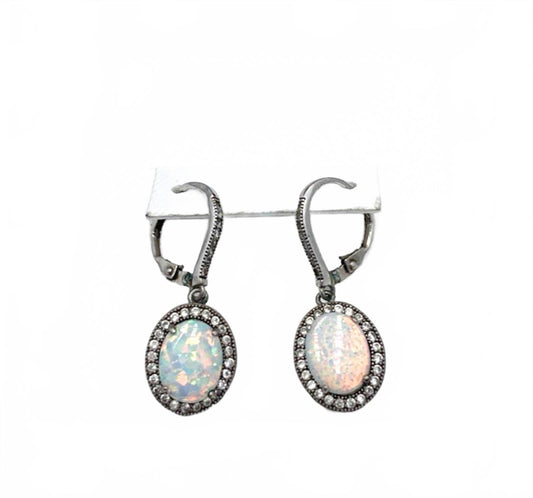 EJI Sterling Silver Opal & Diamond Dangle Earrings