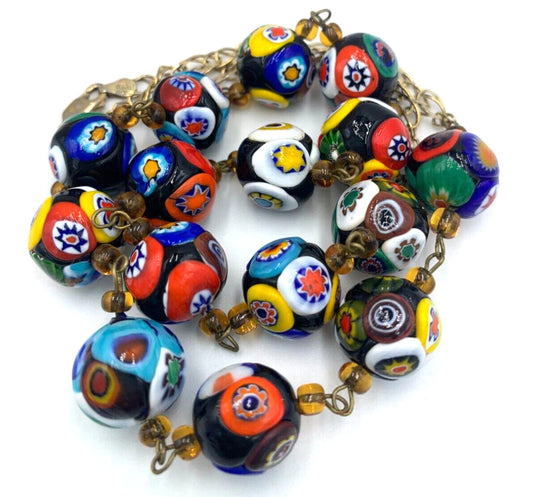 Vintage Millefiori Venetian Murano Moretti Necklace Gold Over Sterling Italy 20"