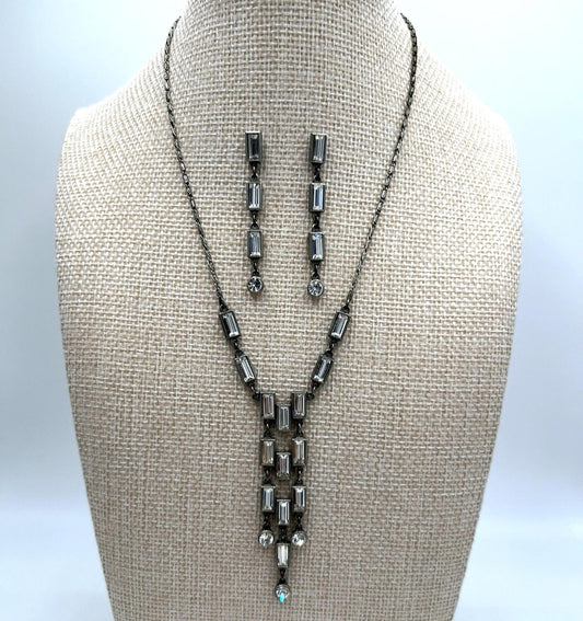 Ben Amun Set Art Deco Style Dangle Earrings & Necklace Rhinestone Silver Tone
