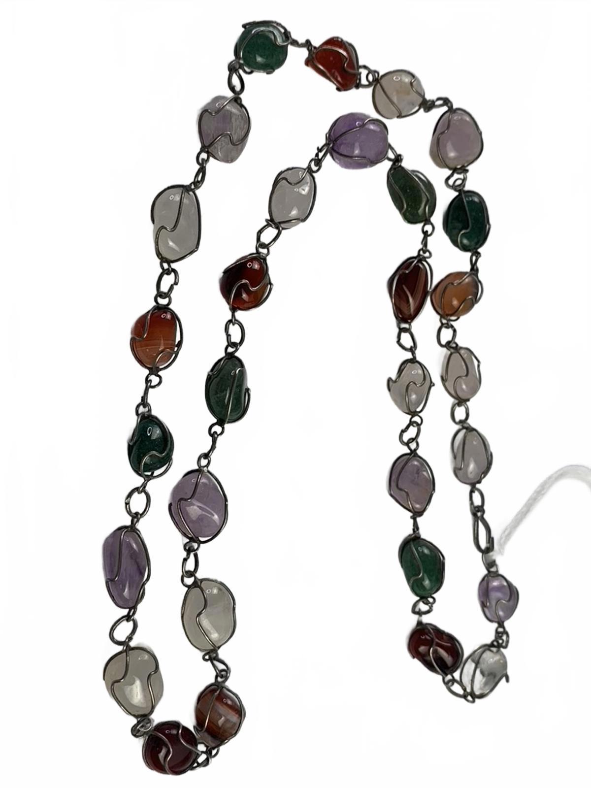 Unsigned Silvertone Multistone amethyst agate aventurine Geometric Necklace